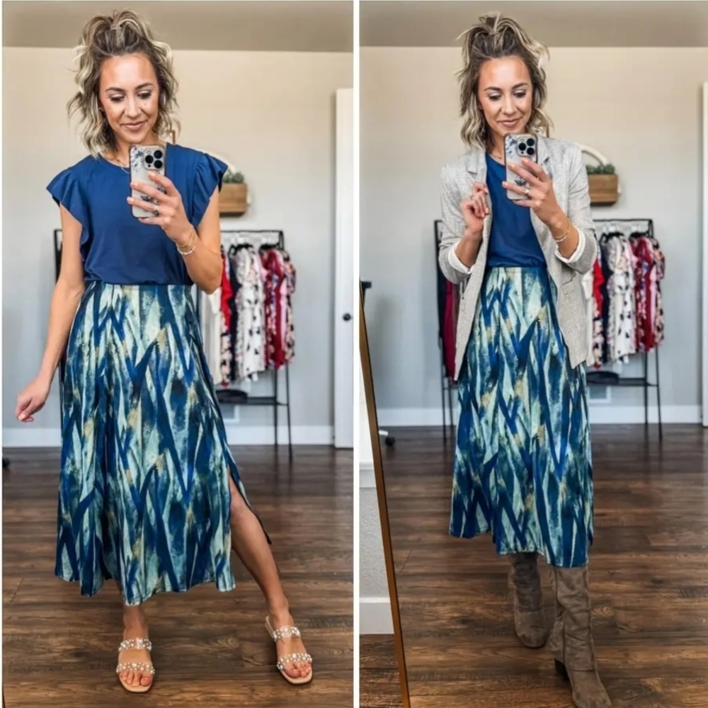 LuLaRoe Blue and Green Jennifer Midi Skirt